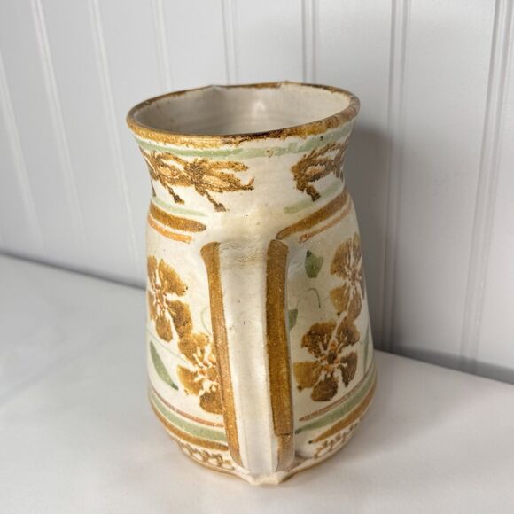 Vintage Art Studio Pottery Pitcher Stoneware Floral Earth Tone Signed Floral MCM